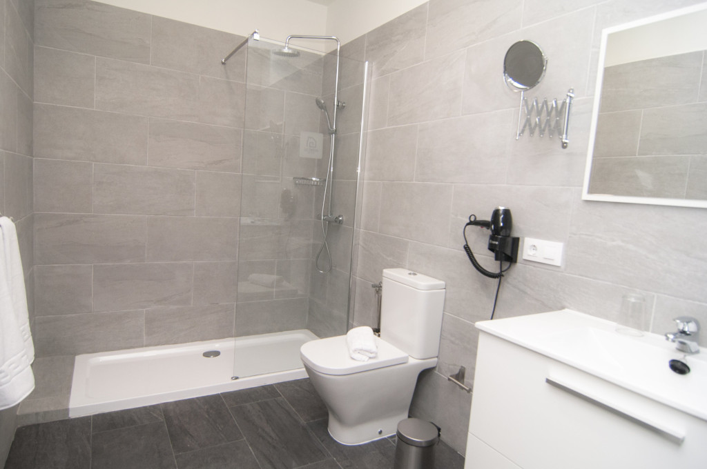 Modern bathroom with shower, toilet, sink, and hairdryer in Tenerife hotel.