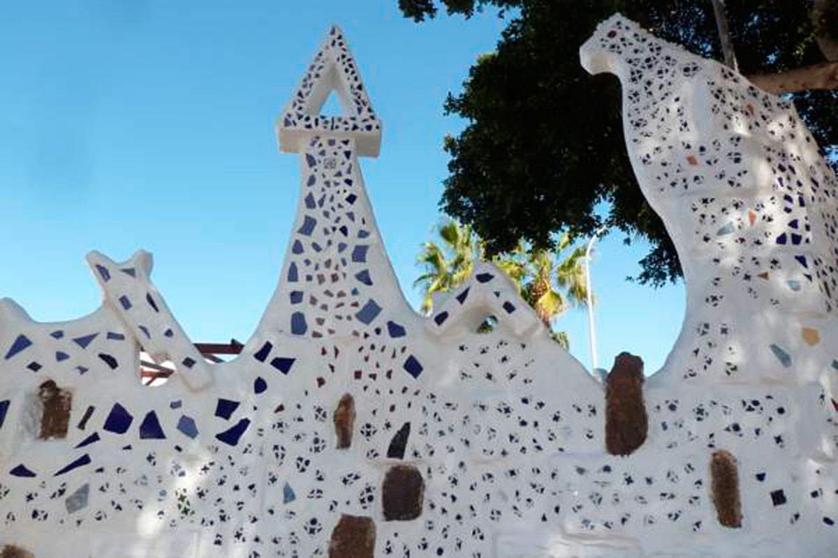 Mosaic sculpture with abstract shapes in Tenerife park.