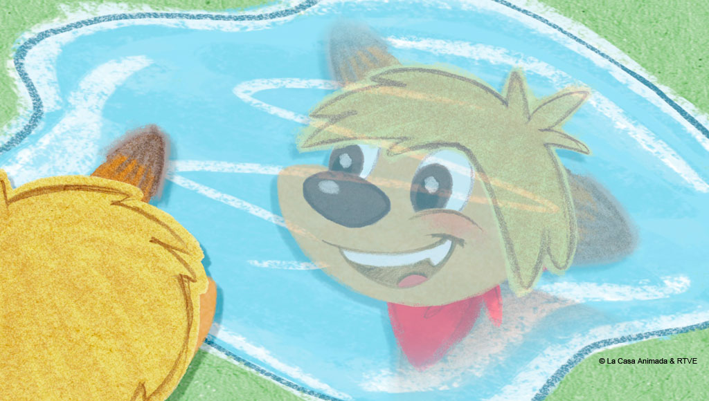A drawn character looking at his reflection in a pool of water.