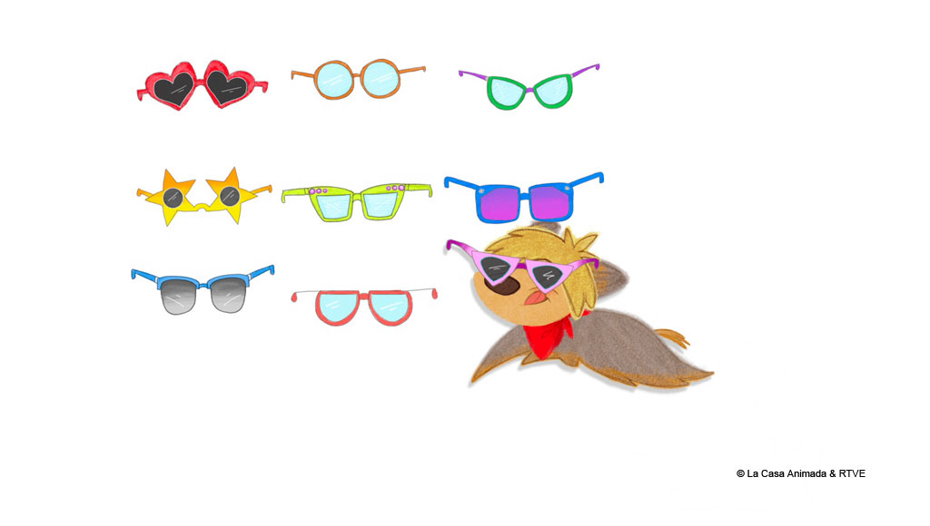 Drawing of colorful glasses and a cartoonish dog wearing glasses.