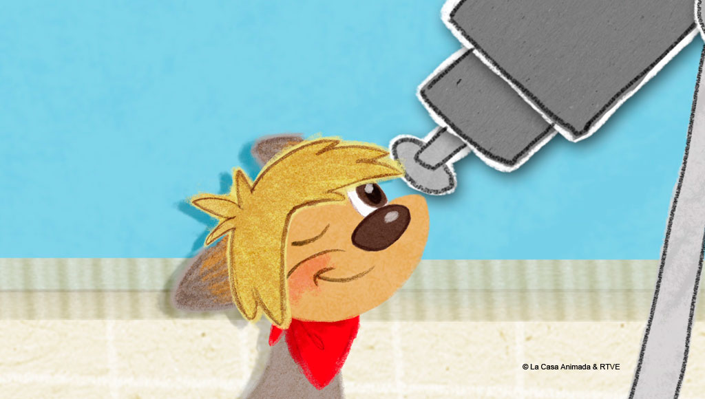 Animated dog winking in front of a big machine.