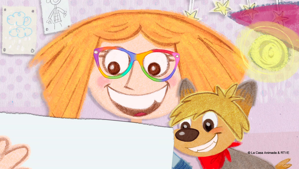 Girl with colorful glasses and smiling dog in front of a drawing.