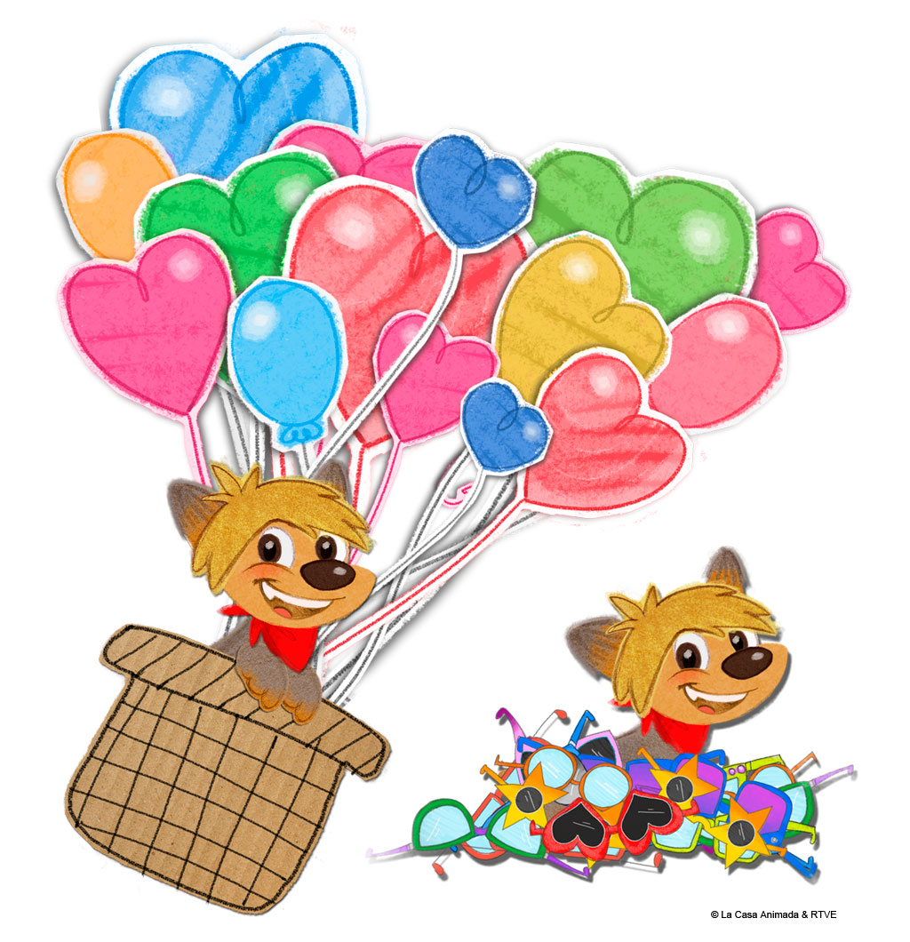 Happy dog in a basket raised by colorful balloons, on white background.