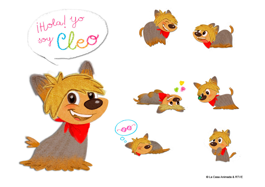Cleo, animated dog with red scarf, in different poses and expressions. Text: Hello! I am Cleo.