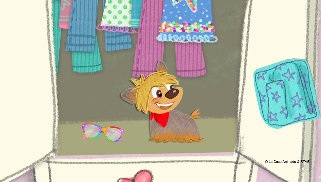 Animated dog with red scarf in closet next to colored glasses and clothes.