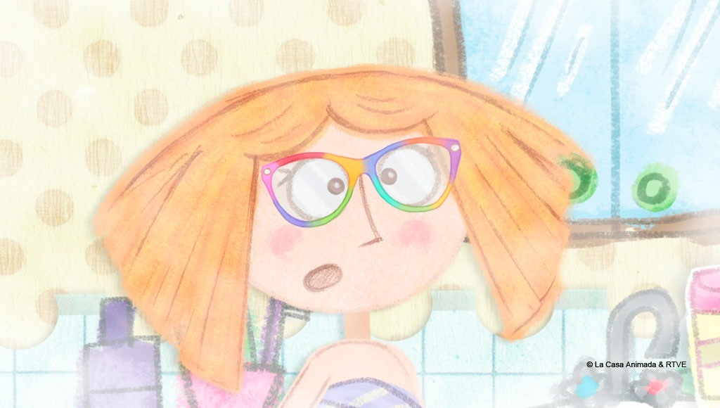 Girl with colorful glasses in the bathroom.