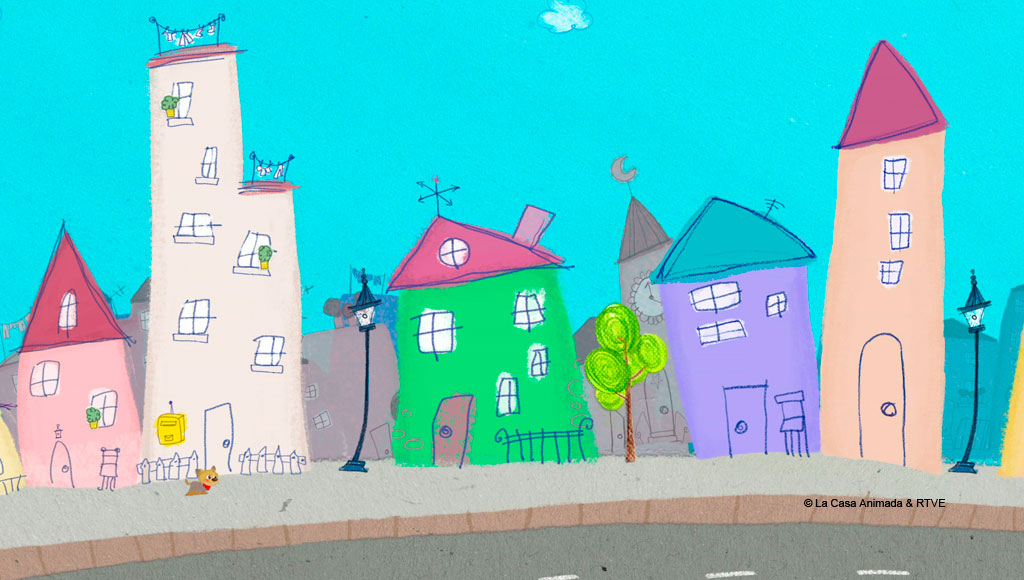 Colorful cartoon-style buildings under a blue sky in Tenerife.