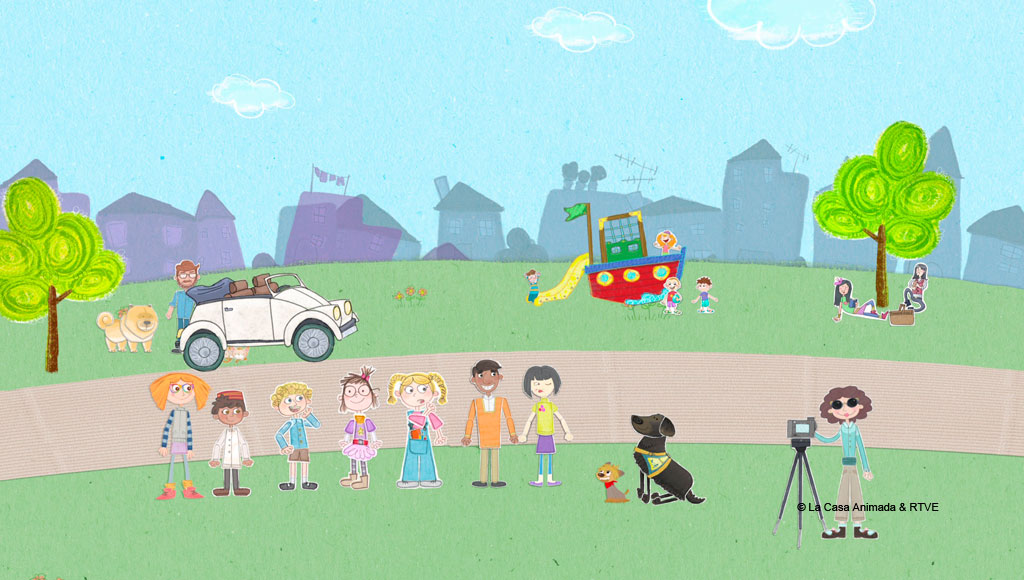 Group of animated characters in a park with houses in the background.