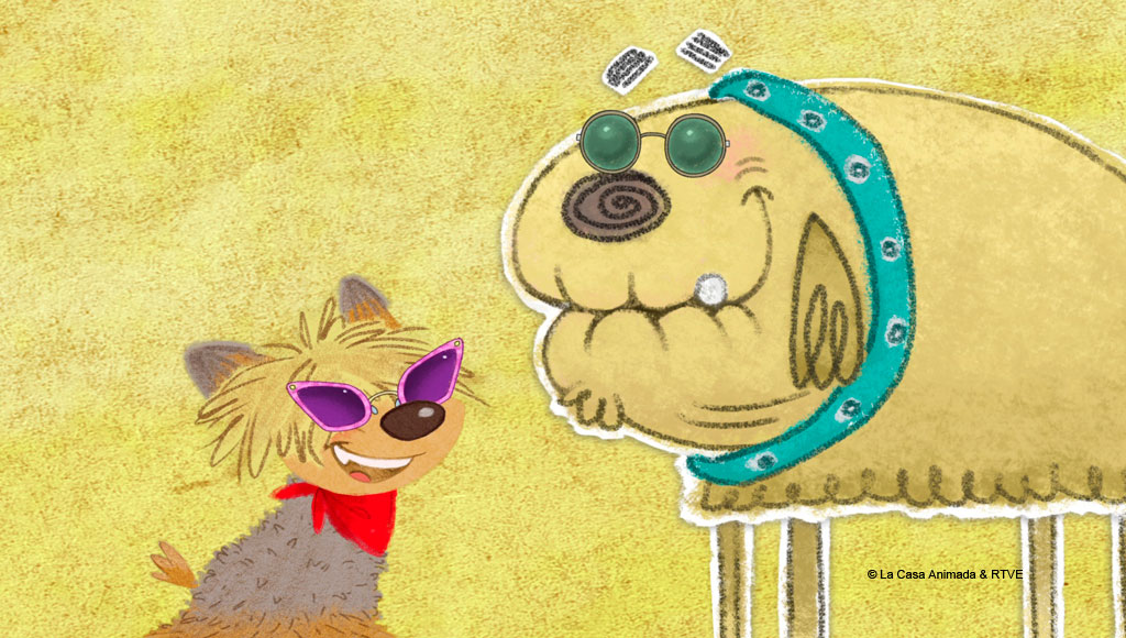 Two cartoonish dogs wearing sunglasses are smiling on a yellow background.