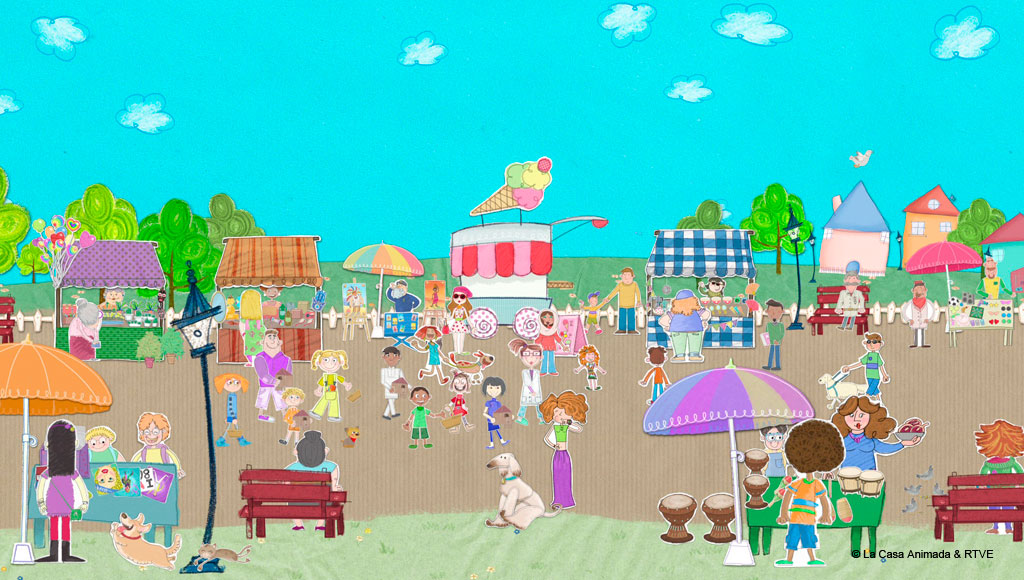 Illustration of an open-air market with people and stalls in Tenerife.