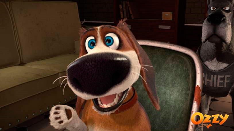 Smiling animated dog with the word Ozzy in a corner.