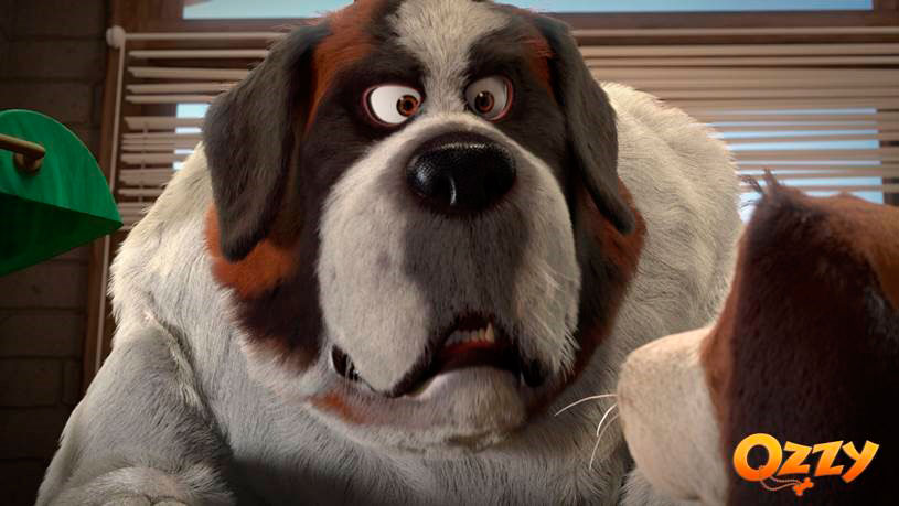 A Saint Bernard dog looks straight at another dog in a scene from Ozzy.