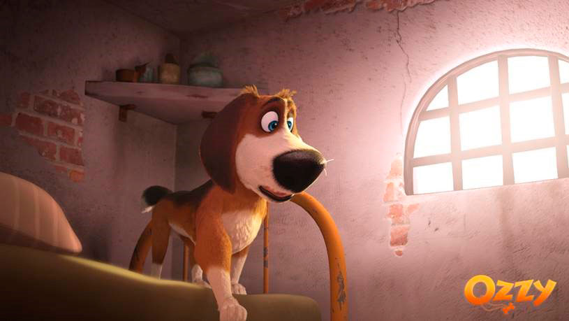 Animated dog on a bed looking out the window with Ozzy text.