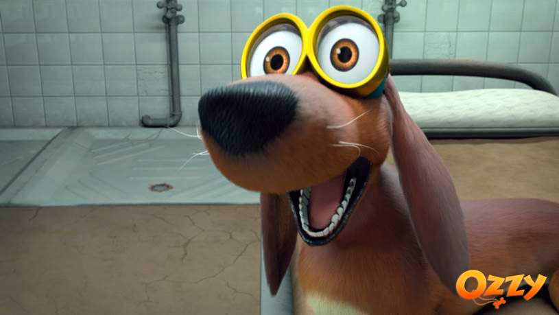 Animated dog with glasses in a room. Text: Ozzy.