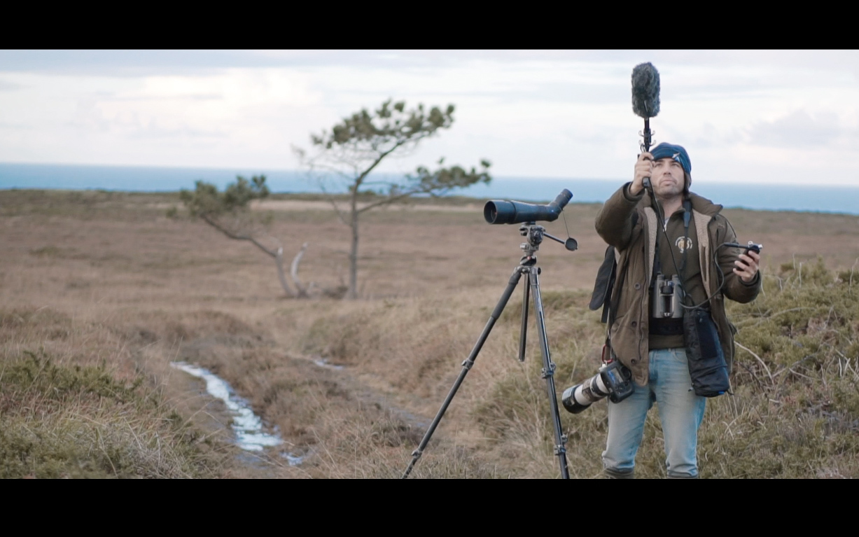 Person recording sound in a field overlooking the sea in Tenerife.