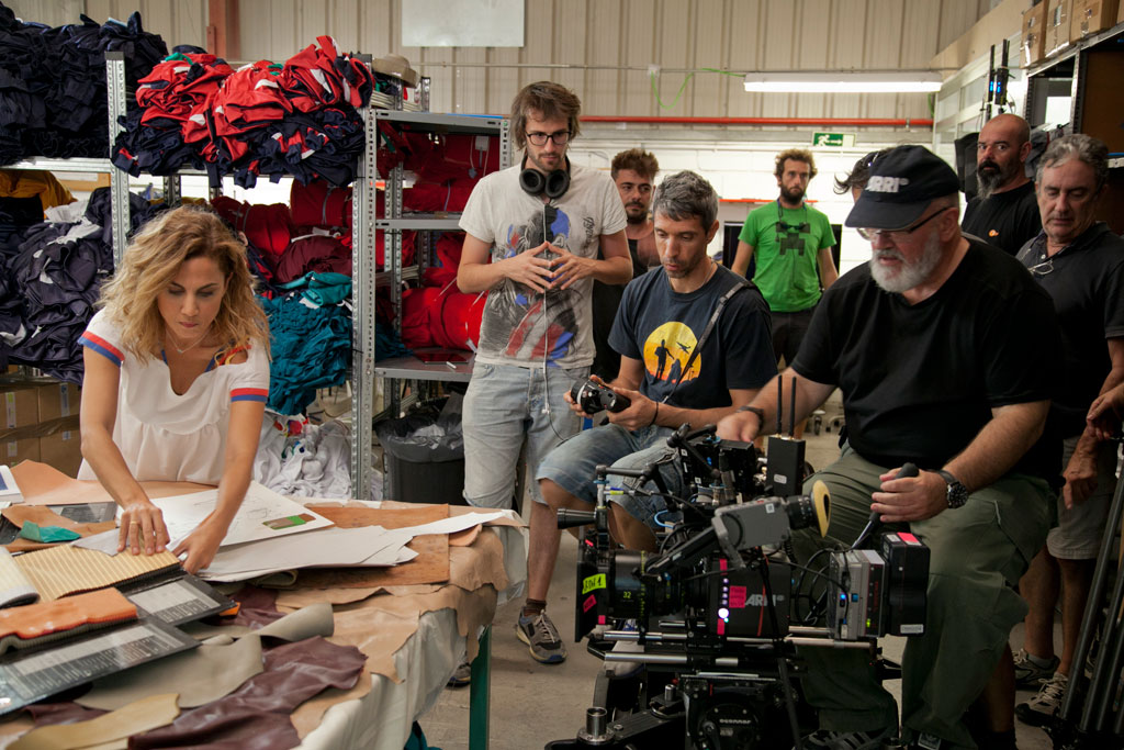 People on a film set organizing materials and equipment in Tenerife.