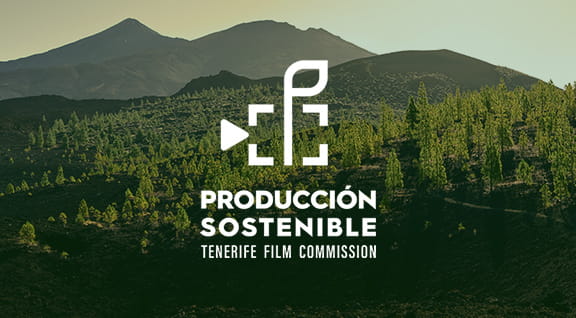Mountainous landscape in Tenerife with text: Sustainable Production. Tenerife Film Commission.