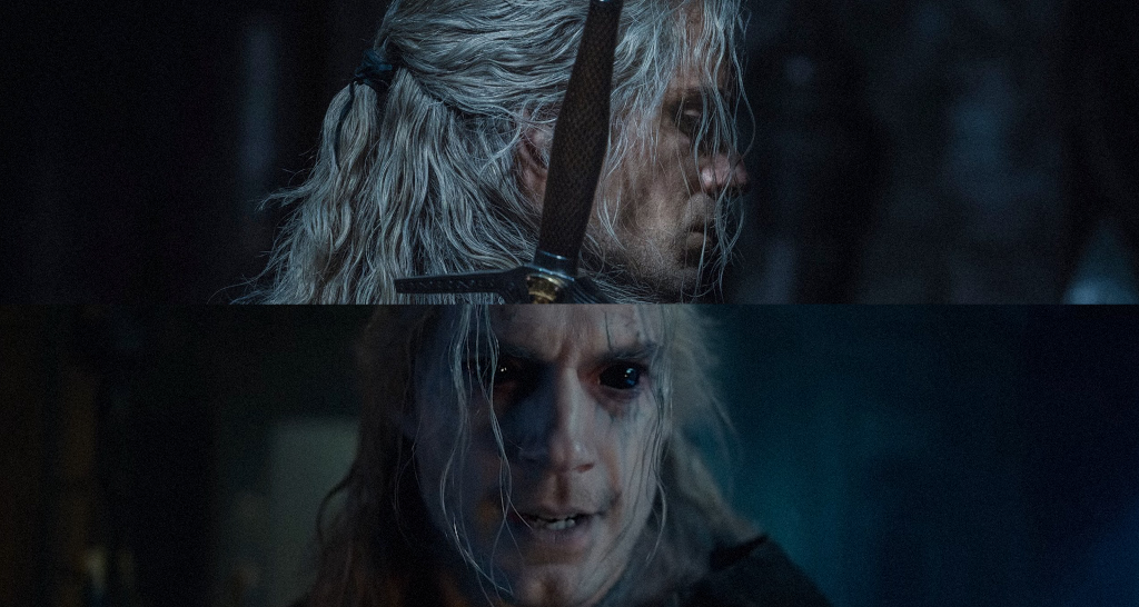 White-haired warrior with sword and dark eyes in a dark environment of fantastic style.