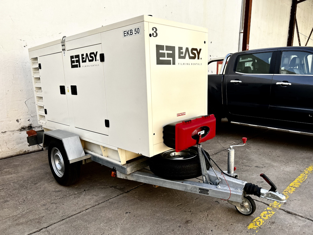 Generator on trailer with Easy Filming Rentals logo in Tenerife.