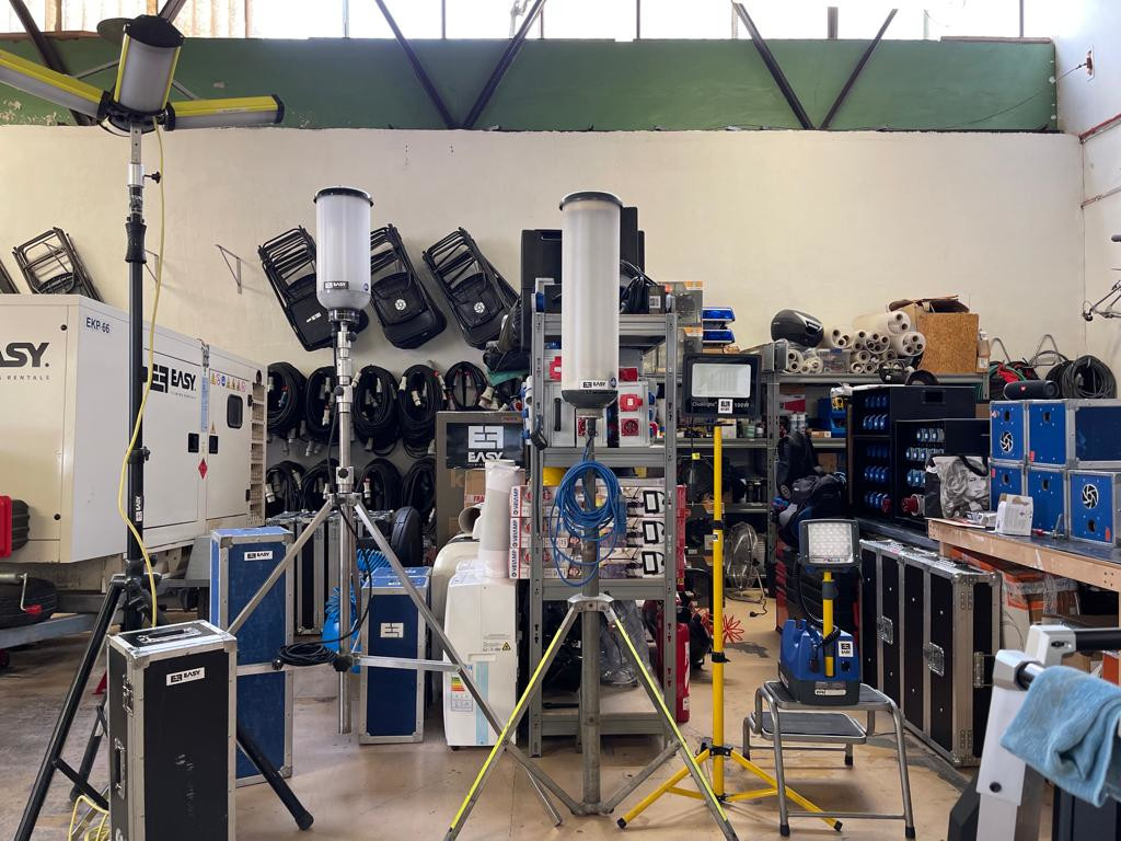 Lighting equipment and generators in a warehouse in Tenerife.