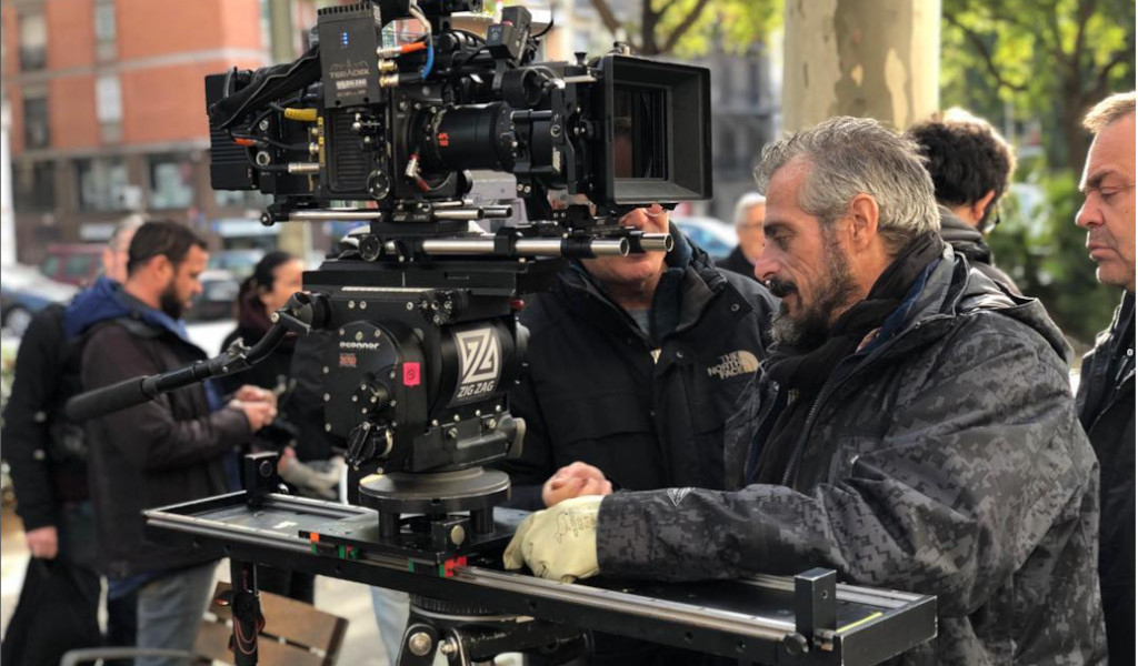 People operate cameras on a film set in Tenerife.
