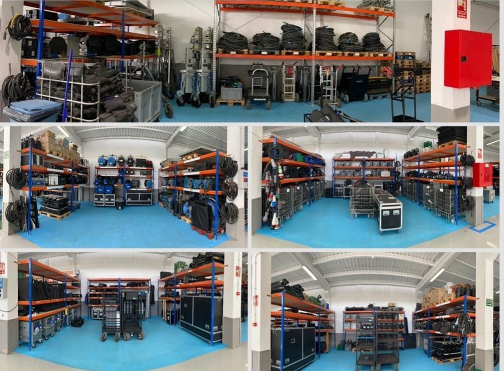Audiovisual equipment on shelves in a warehouse in Tenerife.
