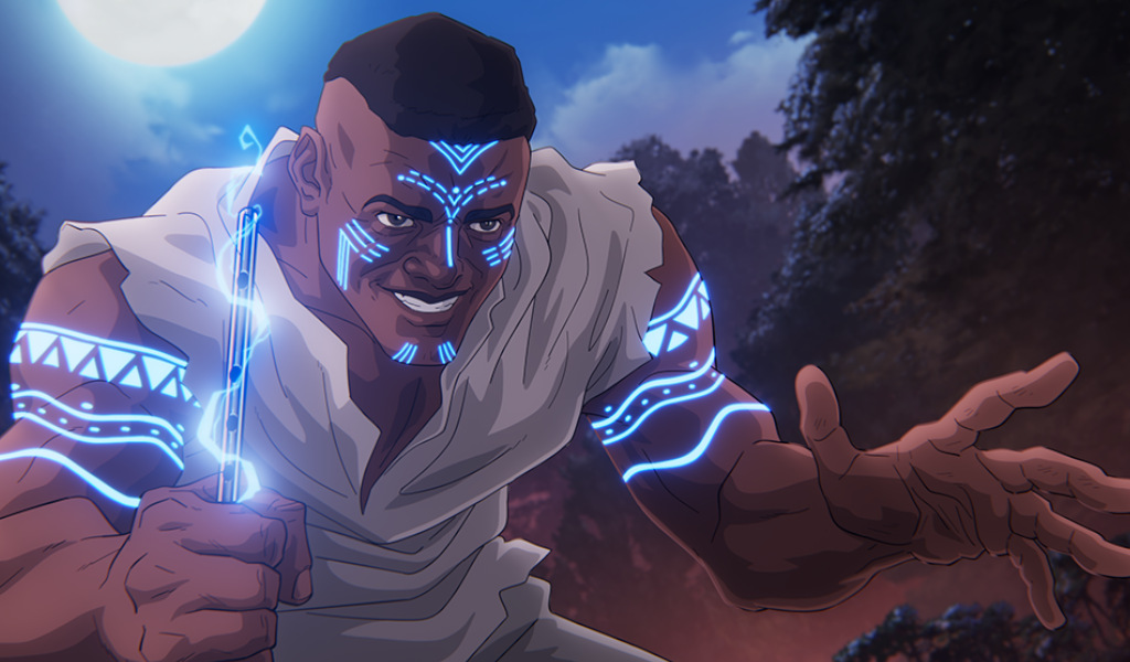 Animated character with luminous marks on the face and arms, full moon in the background.