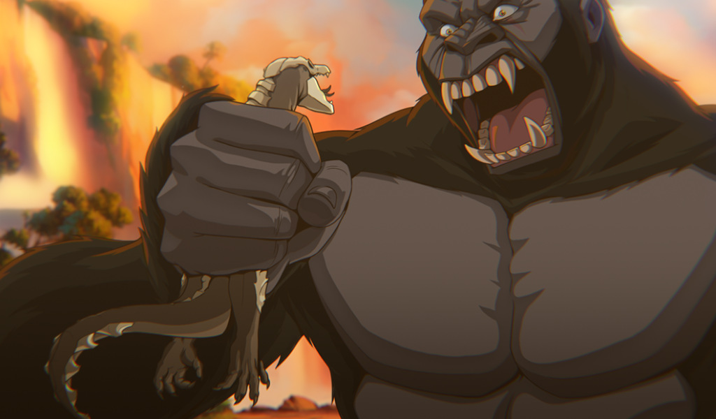 Giant gorilla holding a dinosaur while roaring fiercely in a tropical setting.