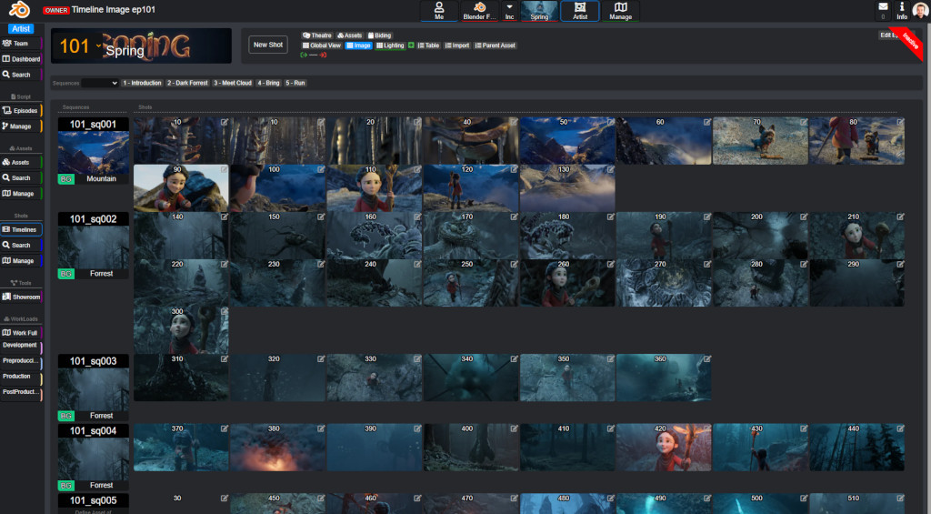 Animation episode management interface with scene thumbnails.