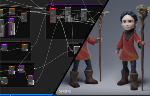 Node diagram and animated character design with cane in Tenerife