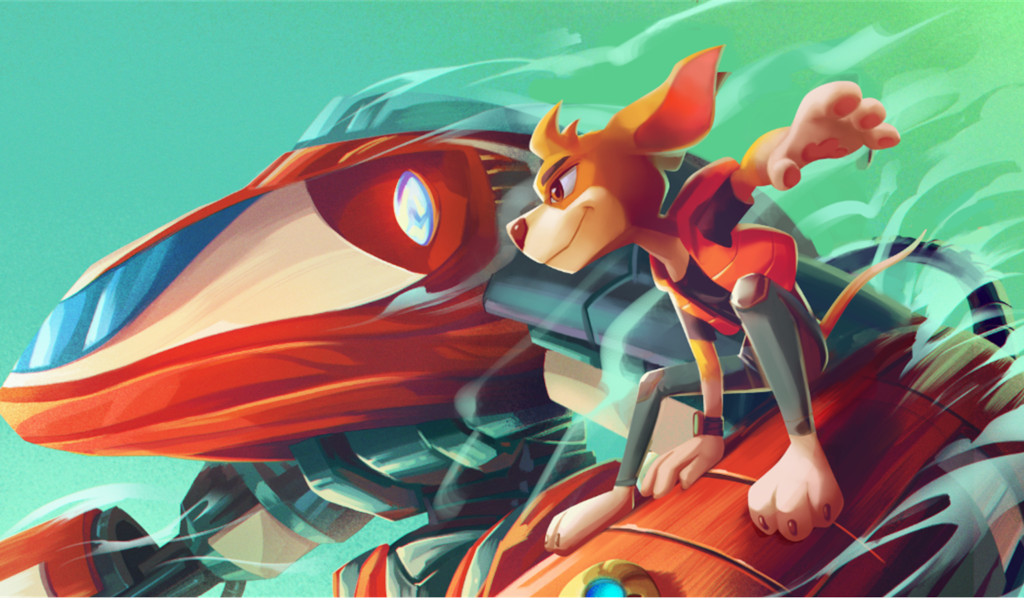 Anthropomorphic character riding a futuristic vehicle on a green background.