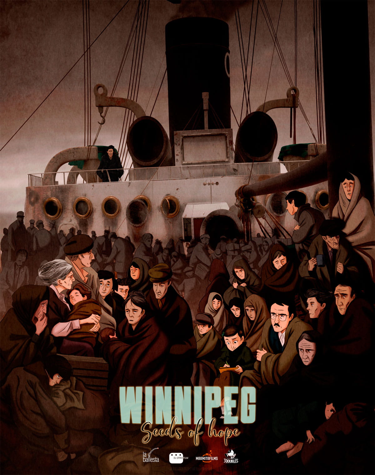 Refugees on a boat during a journey, text: WINNIPEG Seeds of Hope.