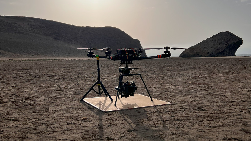 A drone on the beach of Los Gigantes, Tenerife, at dawn.