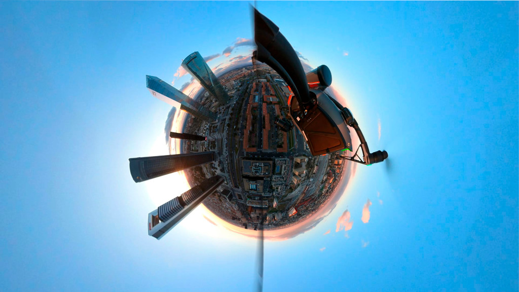 Spherical view of a cityscape with skyscrapers and illuminated sky.