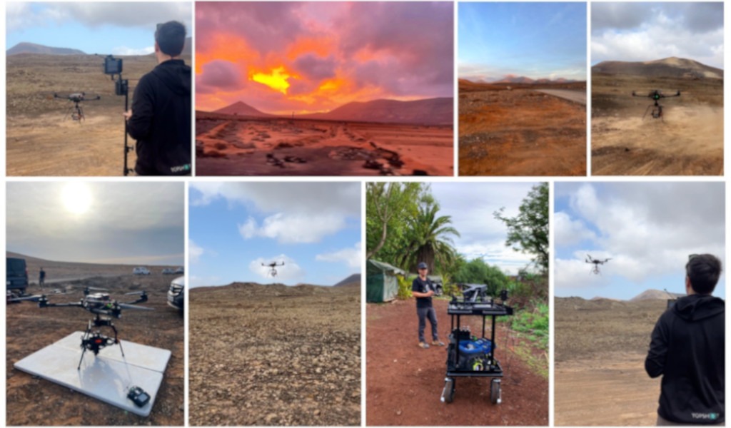 Several images: 1. Person controlling drone over arid terrain in Tenerife.
2. Sunrise with orange sky over volcanic landscape in Tenerife.
3. Dirt and mountain road at sunrise in Tenerife.
4. Drone in flight over desert landscape in Tenerife.
5. Drone on a platform next to cars parked in Tenerife.
6. Drone flying in cloudy skies over mountainous terrain in Tenerife.
7. Person operating technical equipment in a wooded area of Tenerife.
8. Drone in the air and person observing in volcanic landscape of Tenerife.