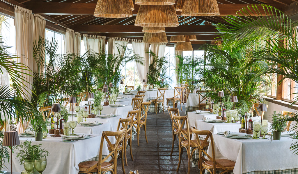 Restaurant in Tenerife with tables decorated with plants and abundant natural light.