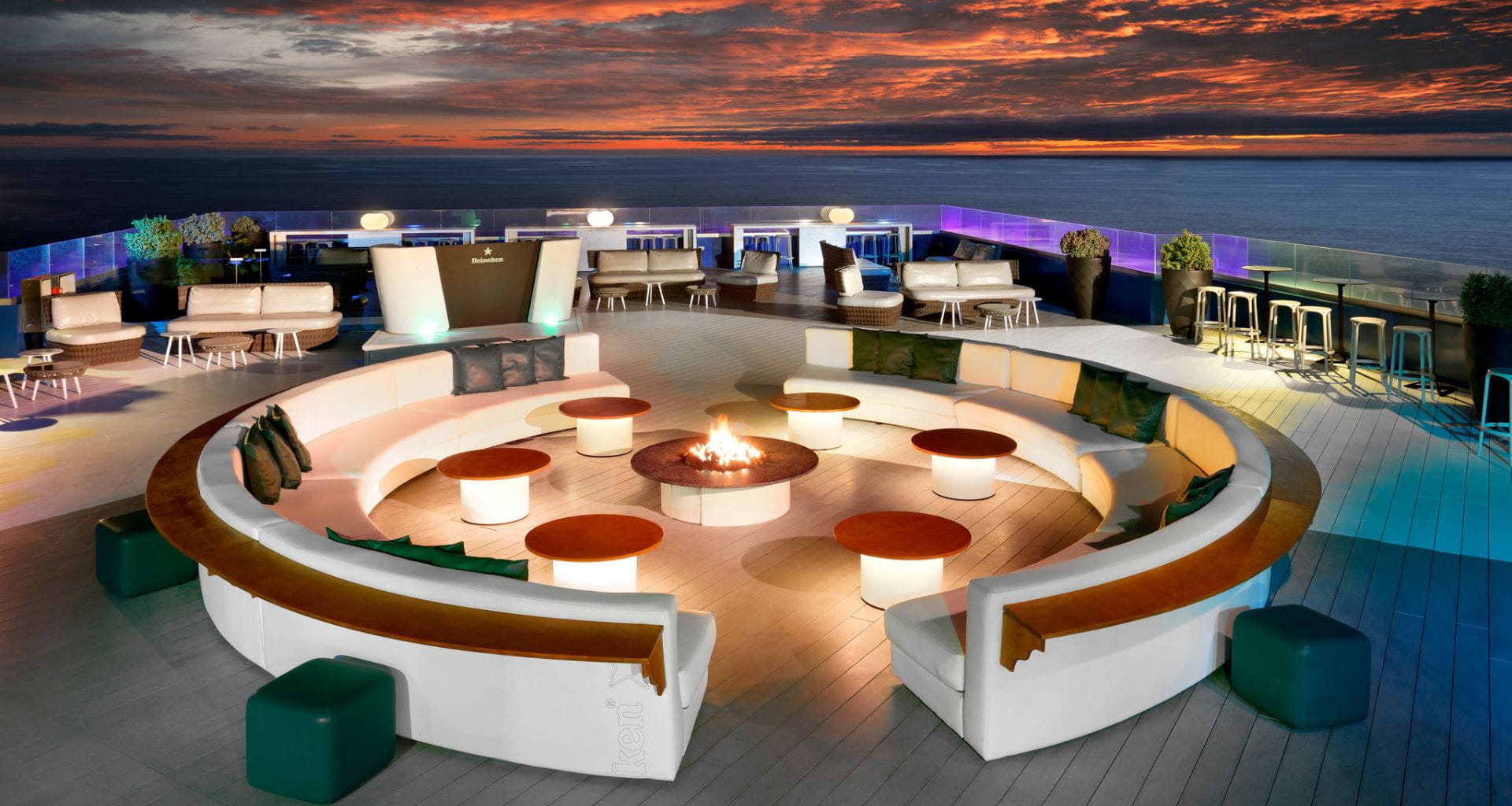 Terrace with fire pit at sunset in Tenerife.