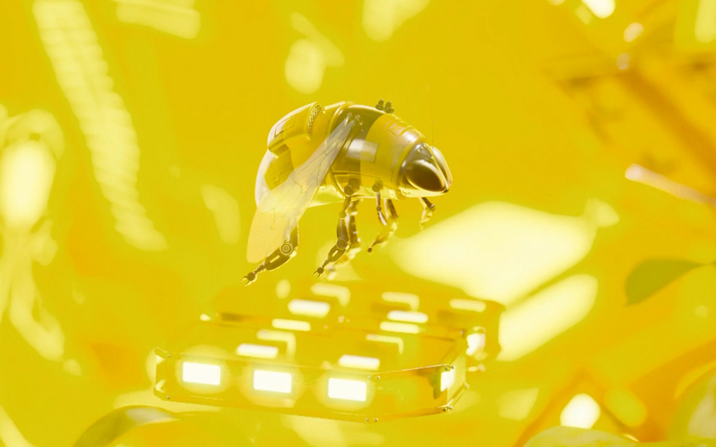 Robotic bee flying in a yellow digital environment in Tenerife.