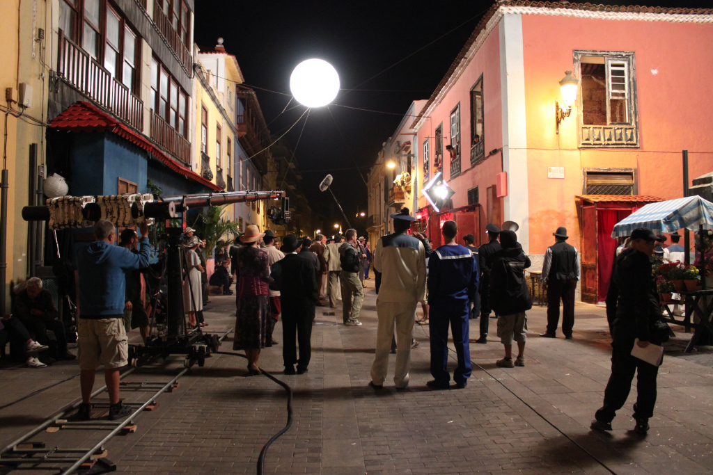 Film crew working at night on a street in La Orotava, Tenerife.