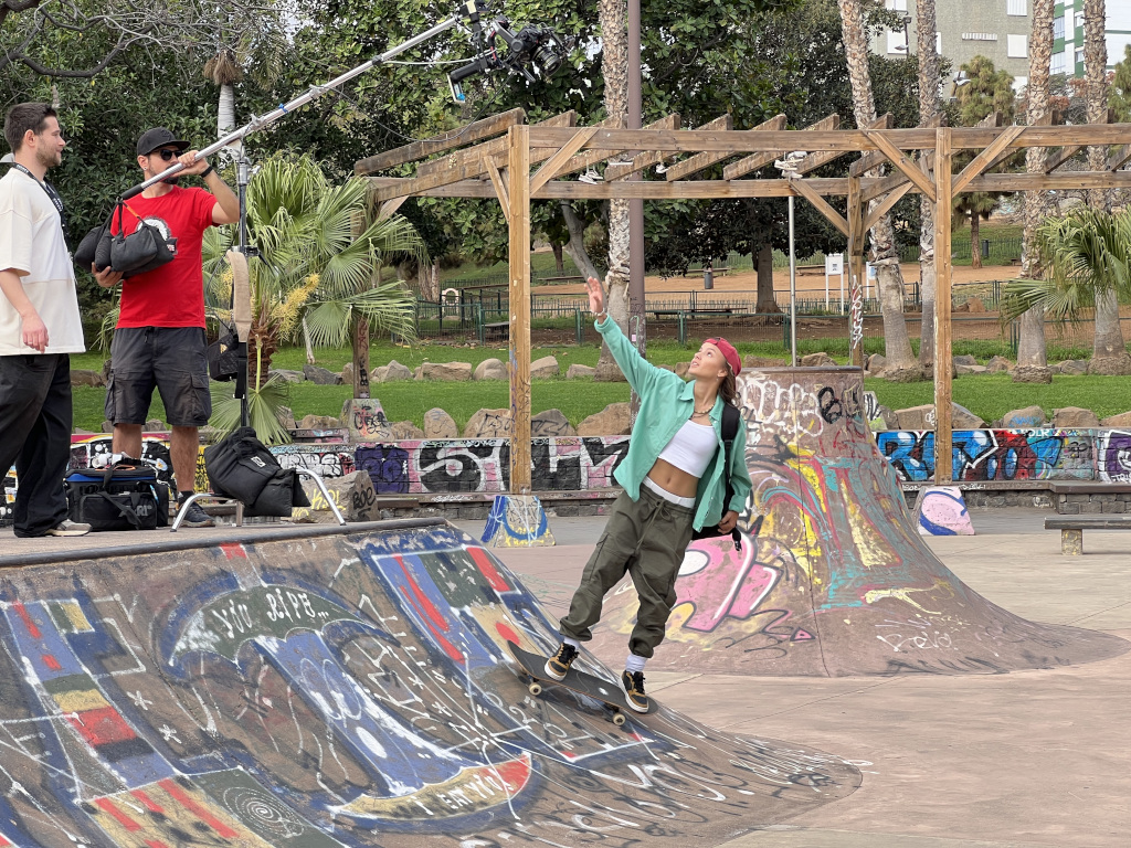 Skater in skatepark with film crew in Santa Cruz de Tenerife.