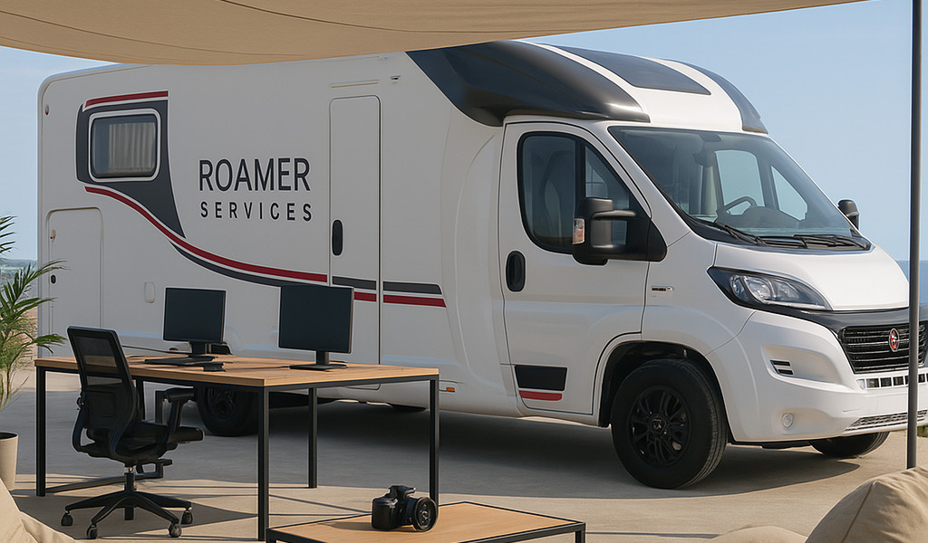White caravan by Roamer Services next to an outdoor office with two desks.