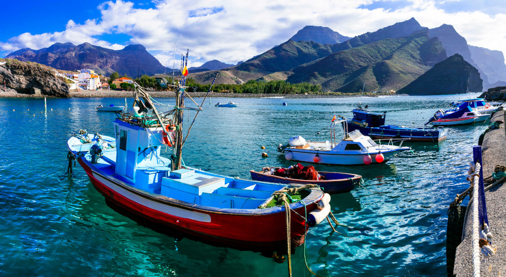 Fishing boats in a harbor with mountains in the background in Tenerife.