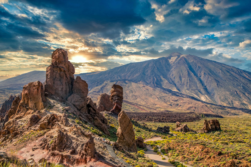 Rock formations in front of Mount Teide at sunset in Tenerife.