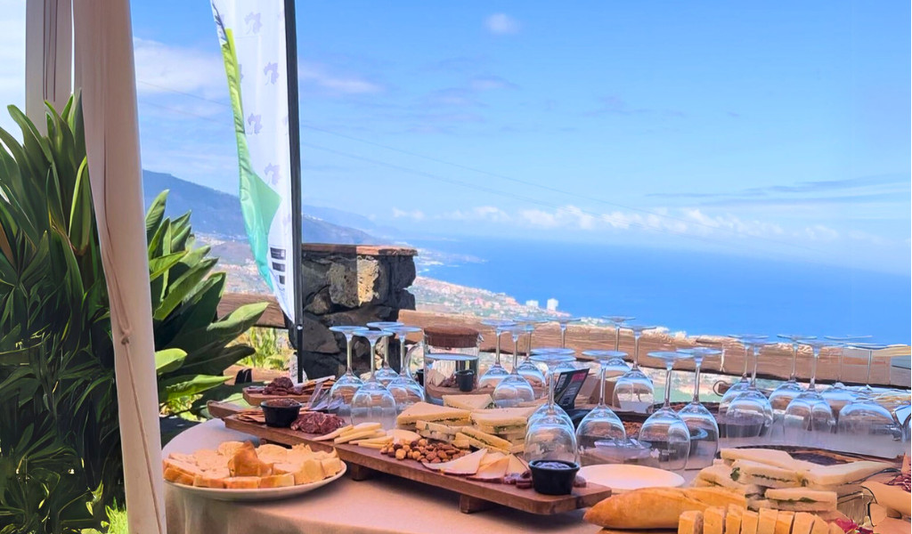 Wine glasses and appetizers on a table with a Tenerife sea view.