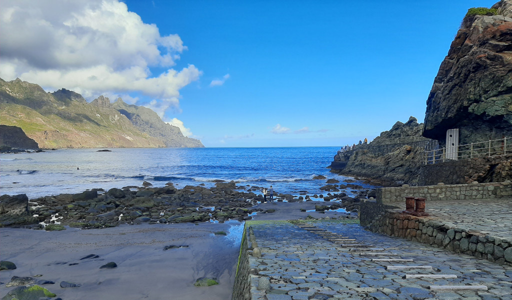 Coastal view of rocky beach and ocean in Taganana, Tenerife.