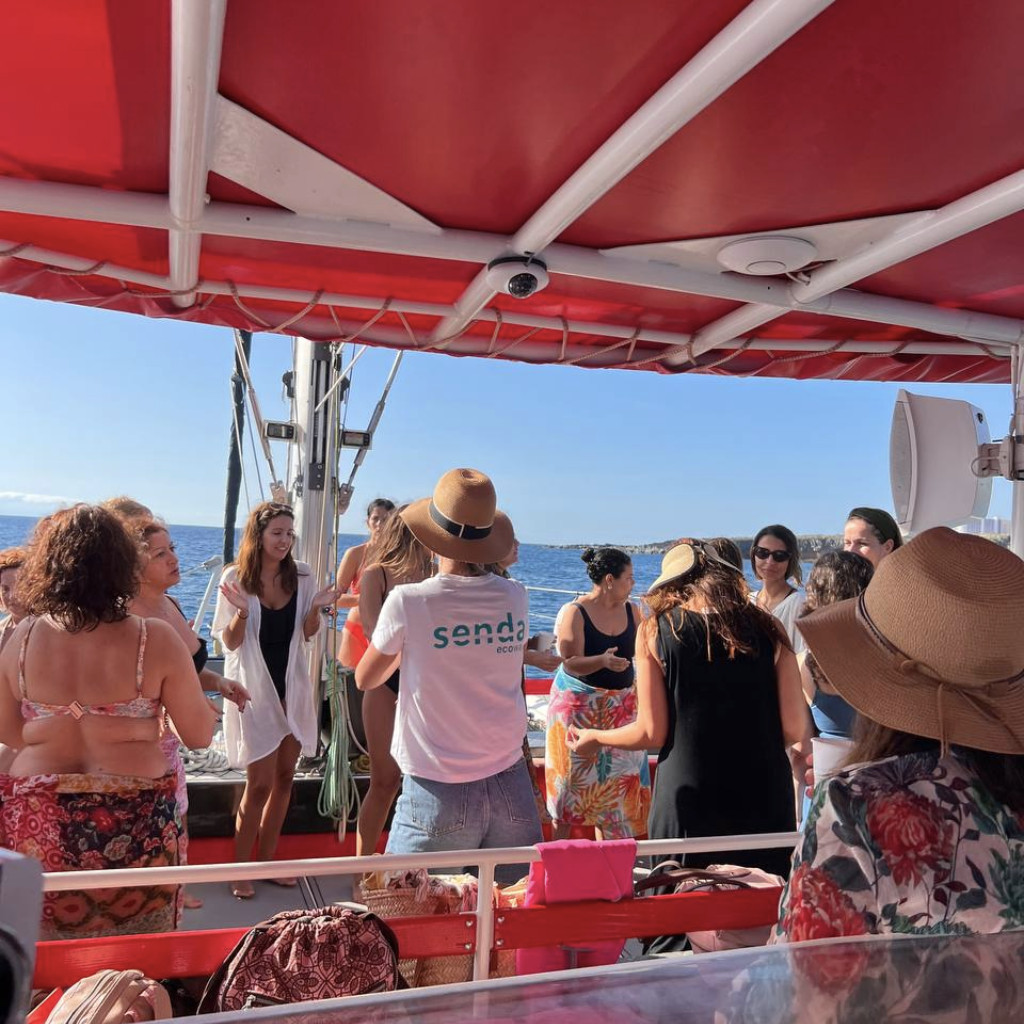 People enjoying a boat trip near Tenerife coast, under a red canopy.