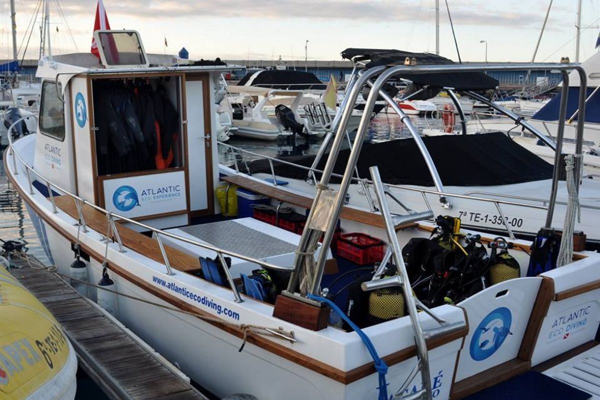 Dive boat with Atlantic Eco Diving equipment in the port of Tenerife.
