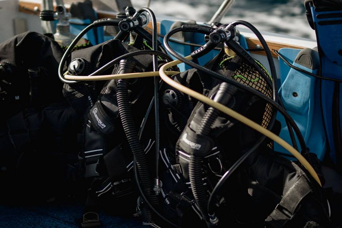 Diving equipment on a boat near the coast of Tenerife.