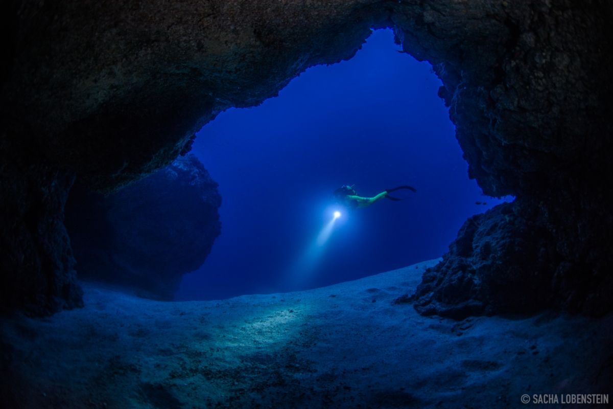 Underwater cave diver illuminating the ocean floor in Tenerife.