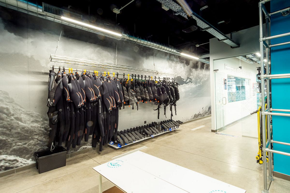 Wetsuits hung in a dive shop in Tenerife.